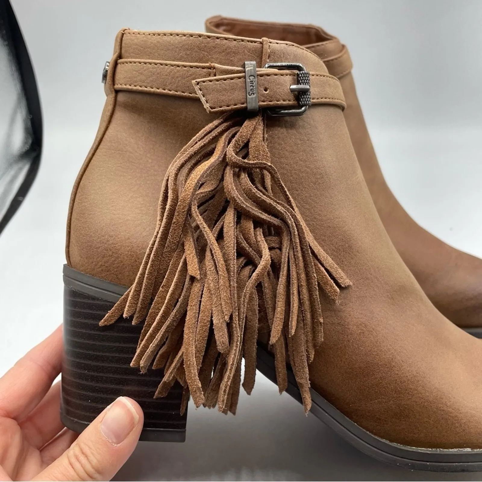 Circus Sam Edelman Brown Fringe Ankle Boots Booties 9.5 Jolie Faux Leather - Image 2