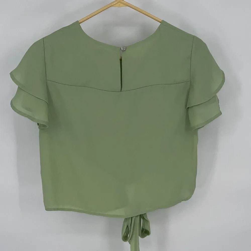 She‎ + Sky Womens Crop Ruffled Tiered Short Sleeve Blouse Tie Front Green Small - Image 5