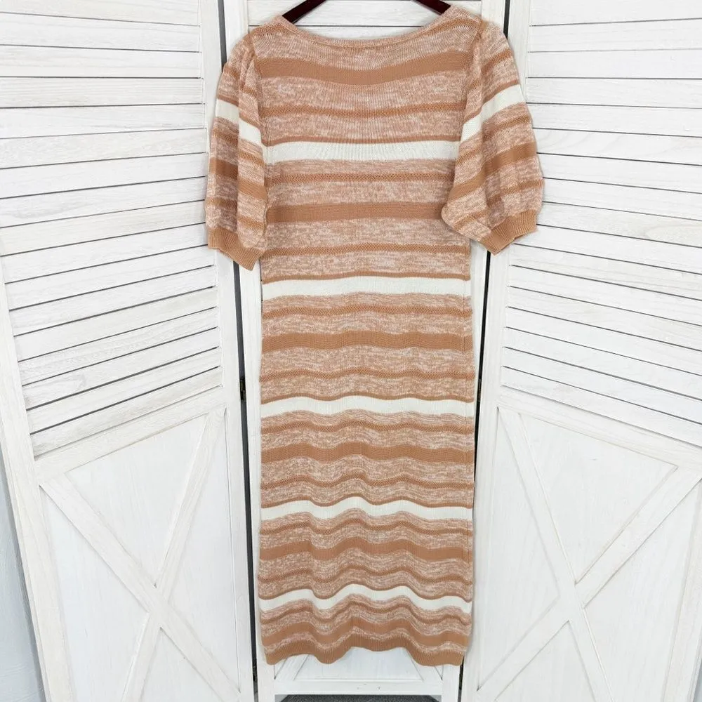 Amour Vert Vivienne Striped Sweater Dress Tan White Large Puff Sleeve Cotton - Image 10