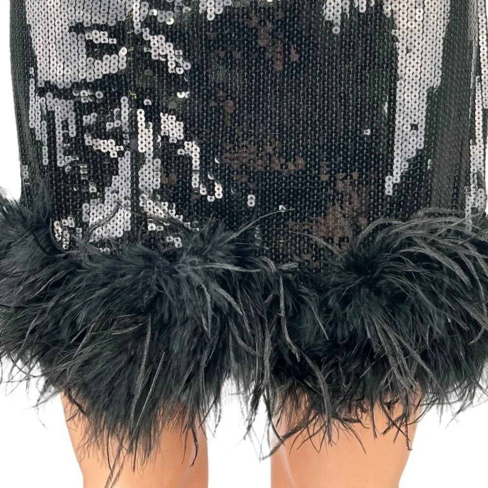 12th Tribe Black Sequin Feather Darling Novelty High Waist Pencil Mini Skirt L - Image 4