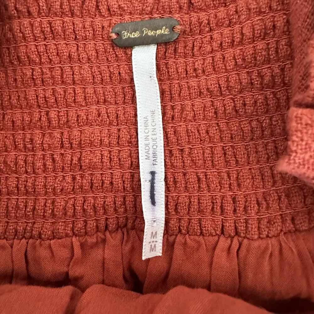 Free People Babydoll Dress Medium Boho Chic Peasant Smocked Coastal Burnt Orange - Image 4