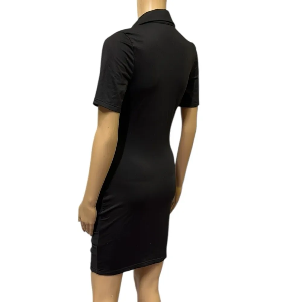 Black Ruched Bodycon Full Button Front Short Sleeve Mini Dress Womens Small - Image 4
