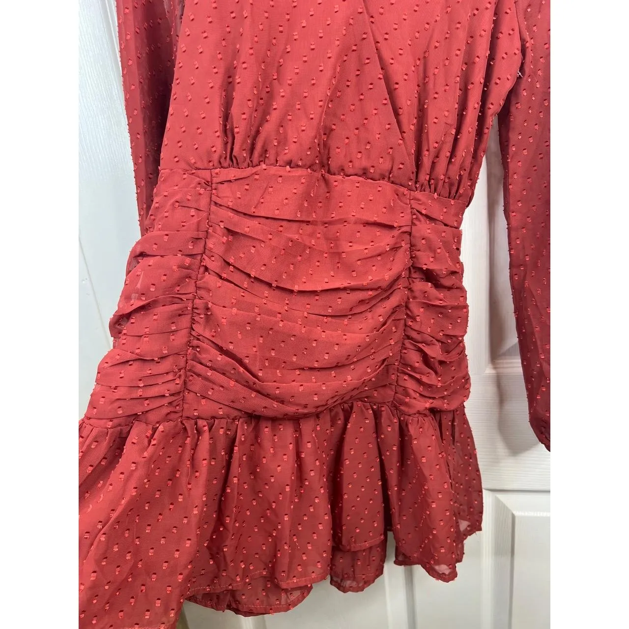 Floret Studios Mini Dress Womens Size S Rust Orange Swiss Dot Ruched Boho V Neck - Image 6