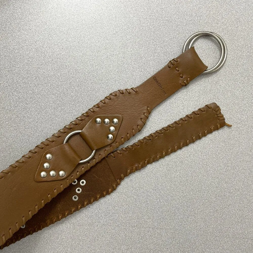 Vtg Calvin Klein Brown Leather Equestrian Belt Silver Metal O Rings Wide Stud XL - Image 2