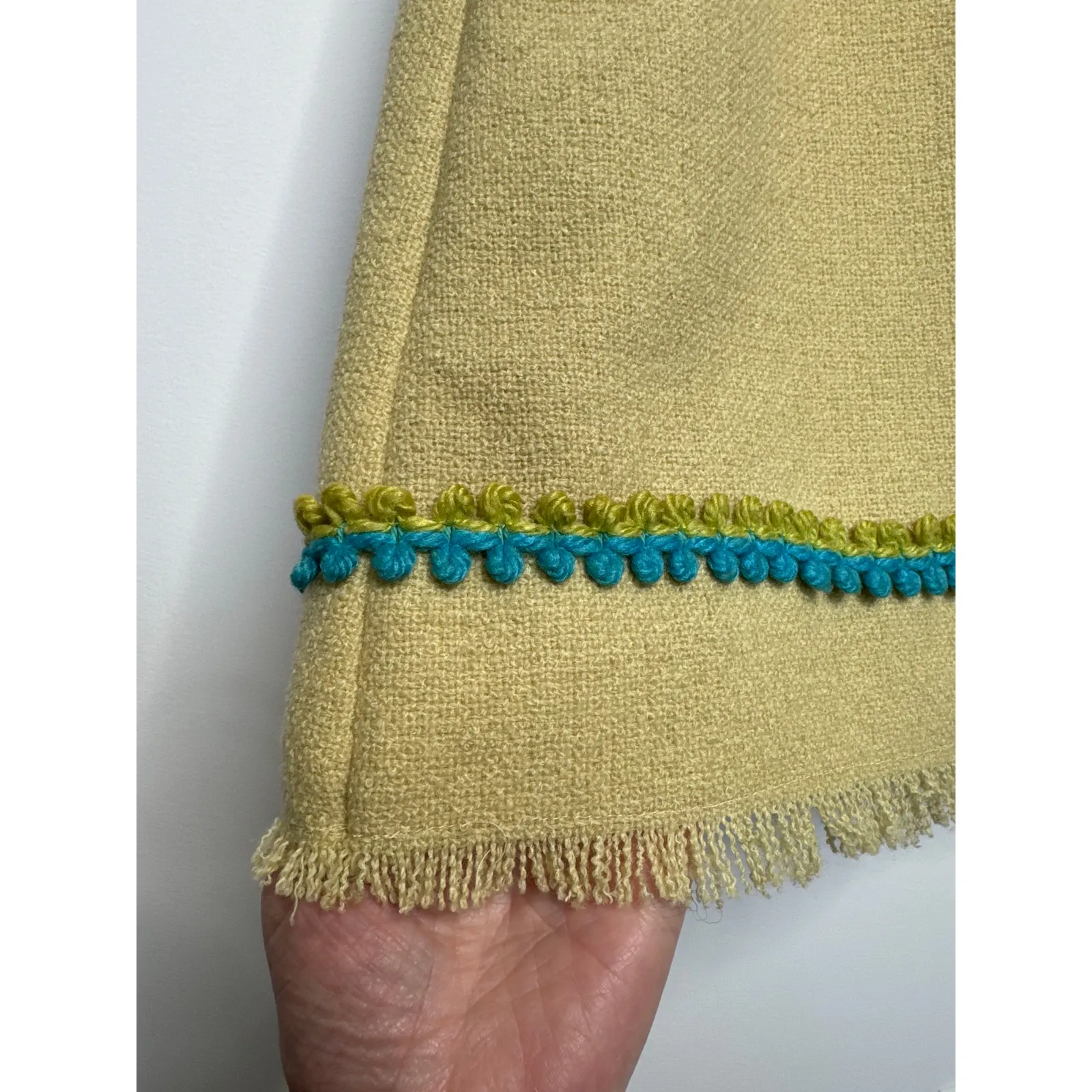 OOAK Vintage 60s mod tweed yellow dress, blue green trim fringe hem Medium - Image 7