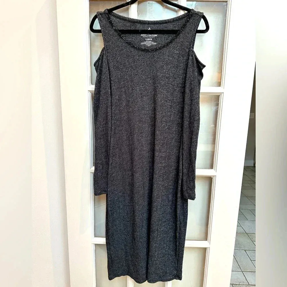 Juicy Couture Charcoal Grey Shoulder Long Sleeve Sweater Midi Dress Size Large L - Image 11