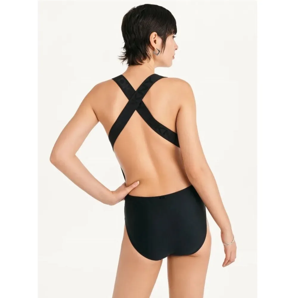 DKNY Logo Cross-Back One-Piece Swimsuit in Black, Size L NEW w/Tag $108 - Image 4