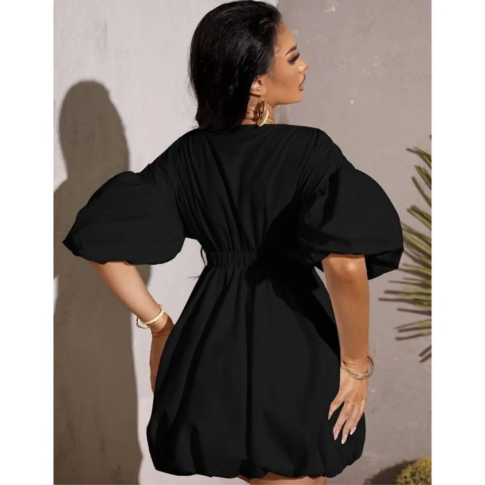 NEW Black Deep V Neck Puff Sleeve High Rise Poof Dress M Size M - Image 3