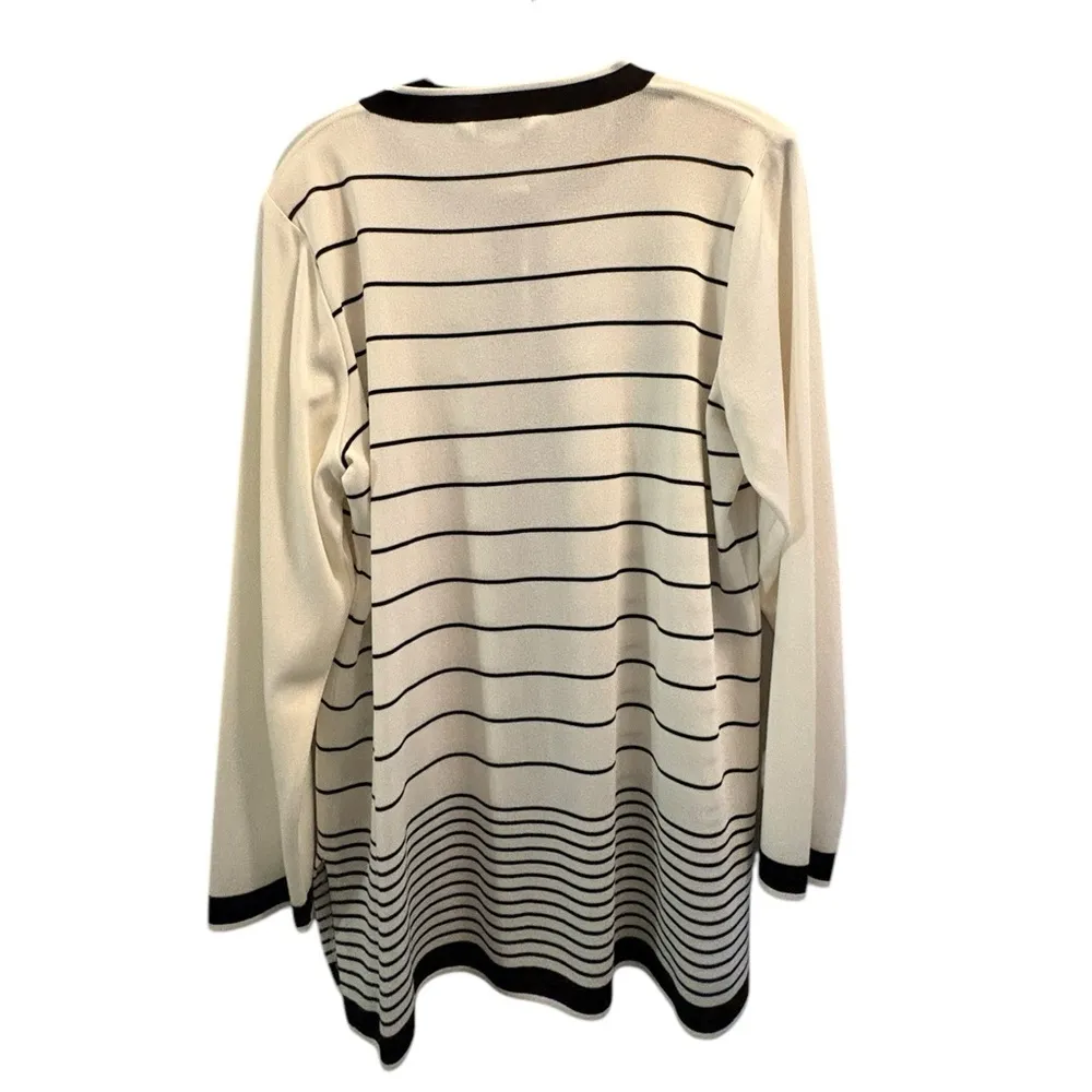 Misook black and white striped one button long sleeve cardigan size large - Image 3