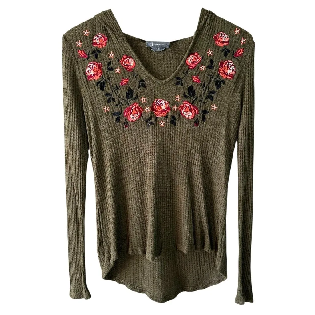 Anthropologie Olive Green Embroidered Floral Waffle Knit Hoodie Size Small - Image 3