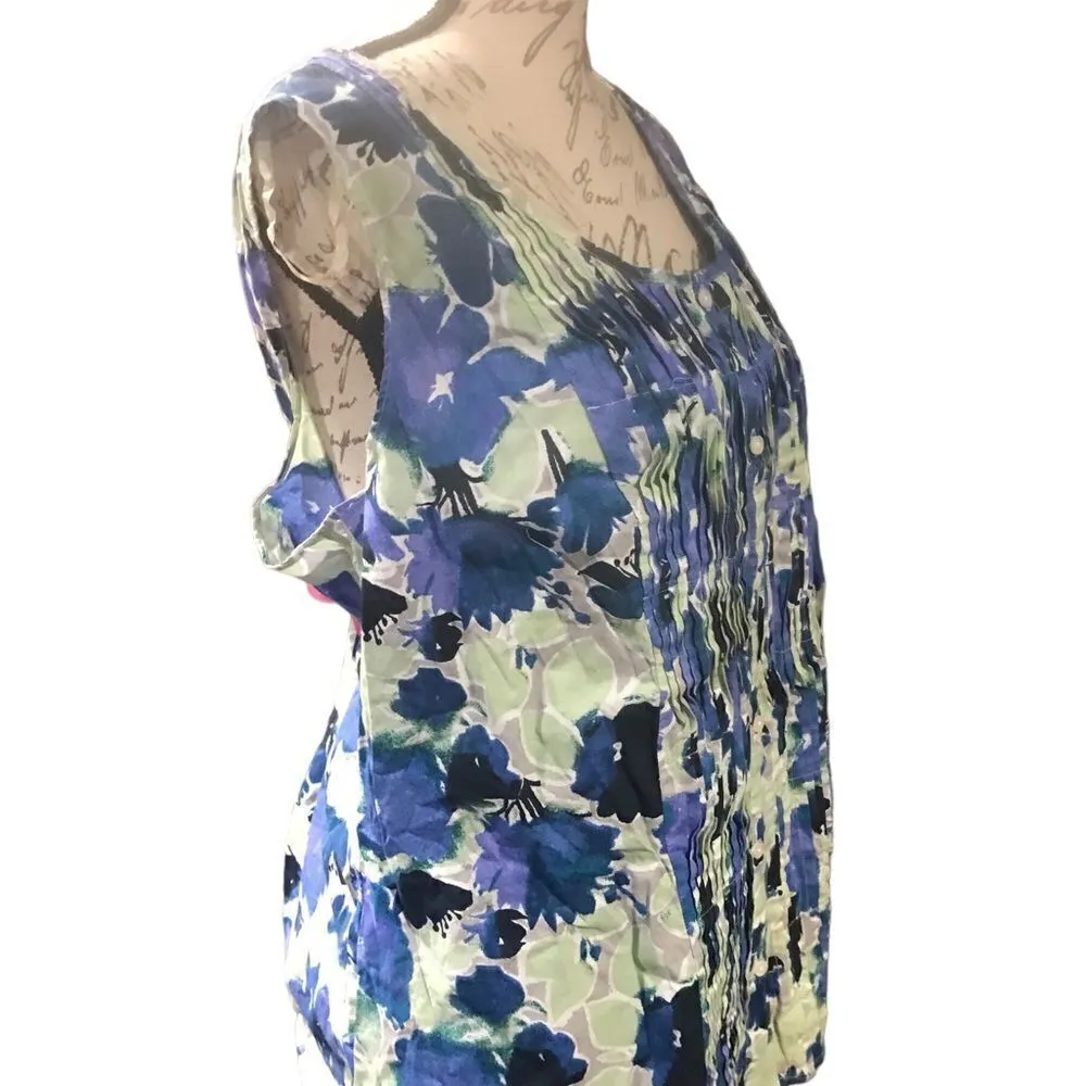 Basic Editions Blue Floral Sleeveless Blouse Size 2X Green - Image 3