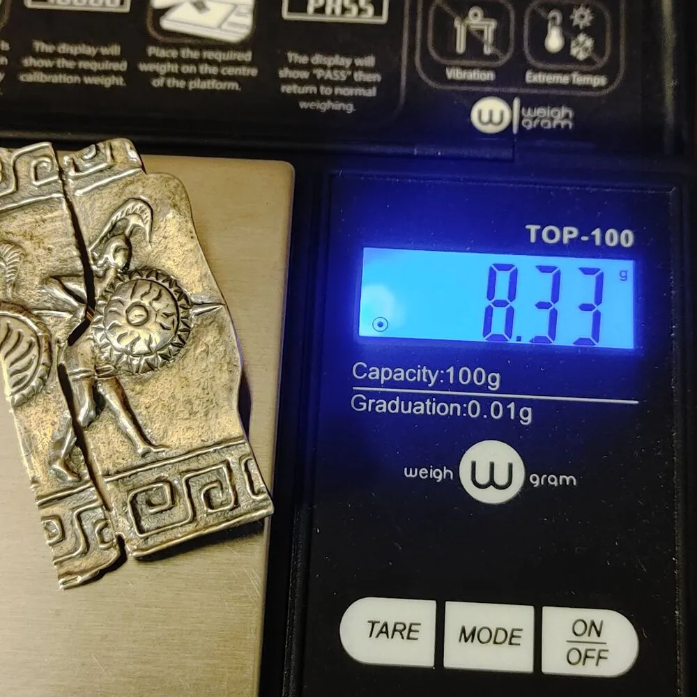 Spartan Mural Vintage Greek Warrior Brooch Shield Helmet Design Unique Split Silver - Image 5