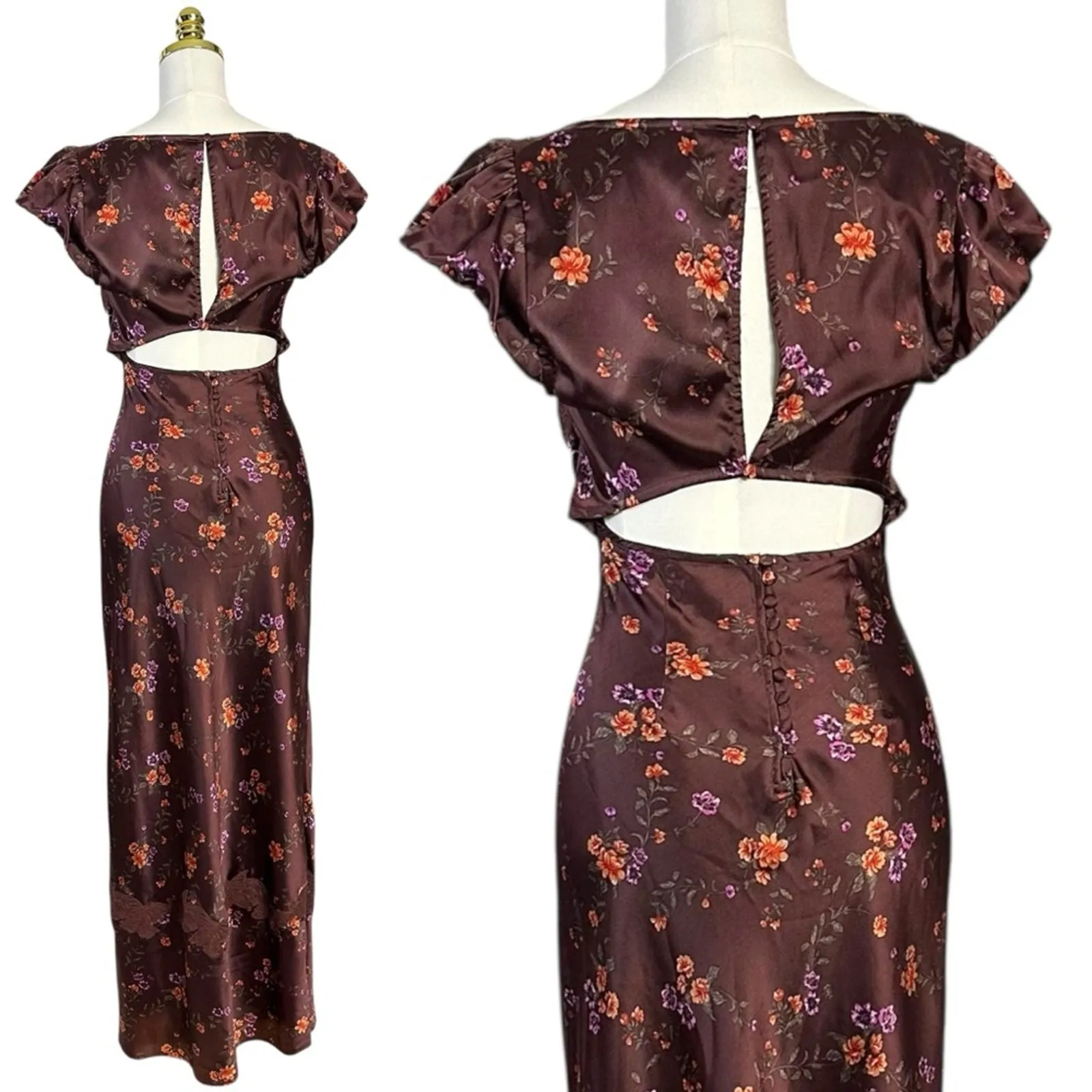 Free People Dainty Lace Retro 90s Butterfly Babe Maxi Dress Brown Combo Medium - Image 11