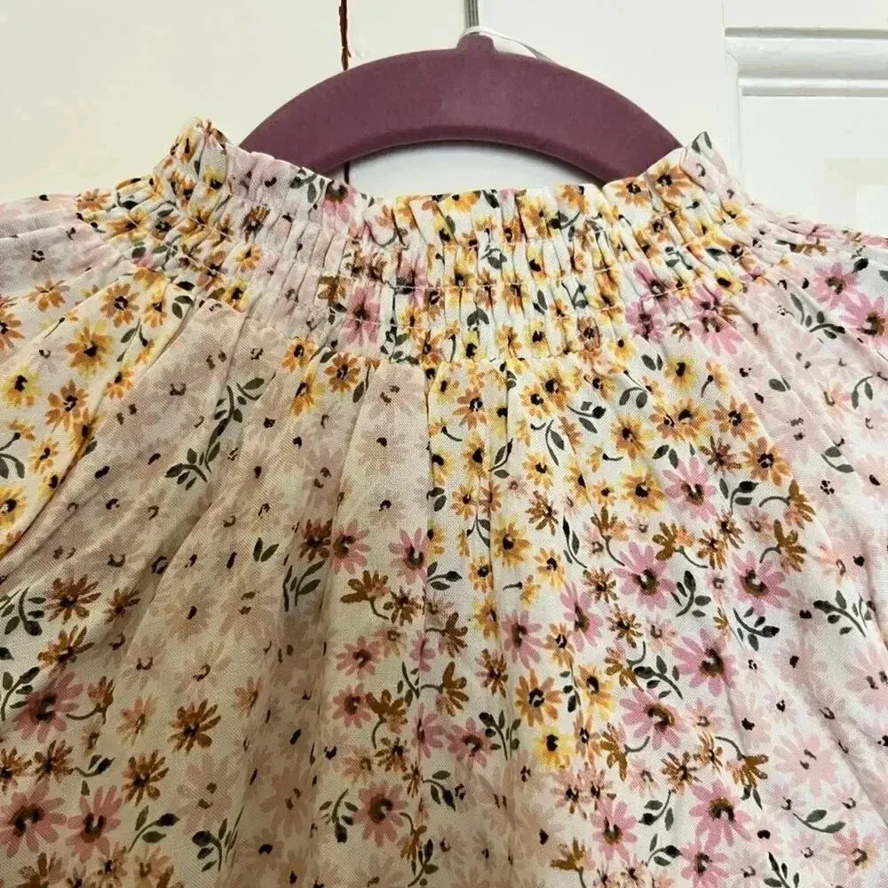 Women’s Cotton On pink yellow Floral High Smocked Neckline Top Blouse - Image 3