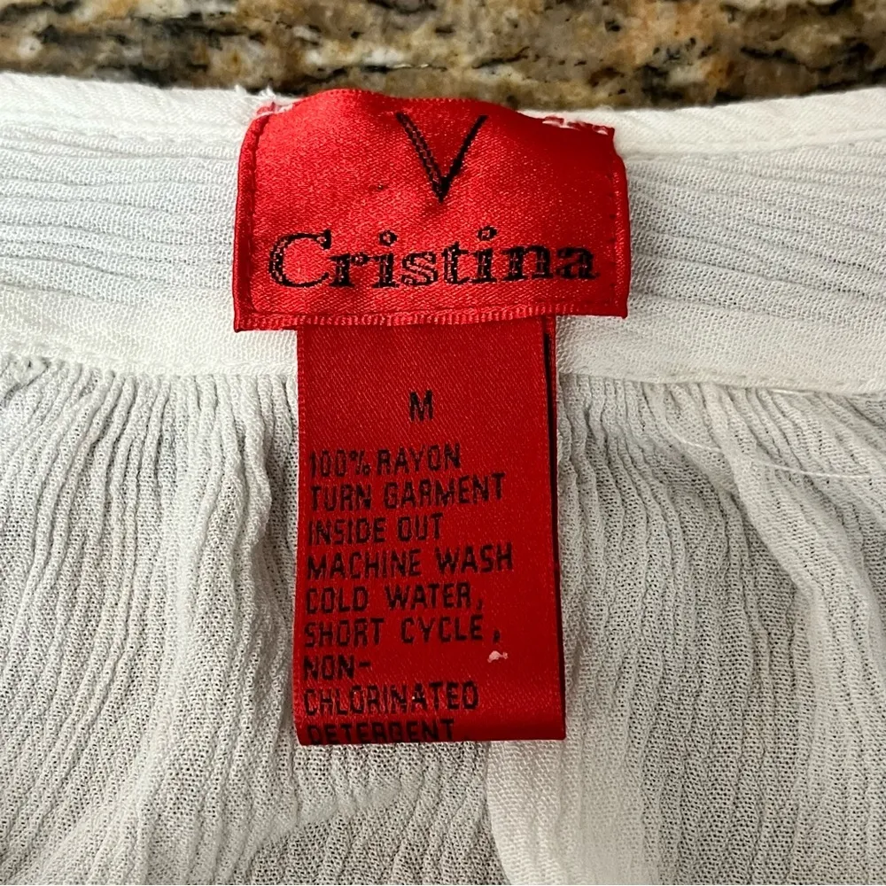 Christina V Women’s White Black Embroidered Boho Peasant Blouse Size M Sheer Top Size M - Image 7