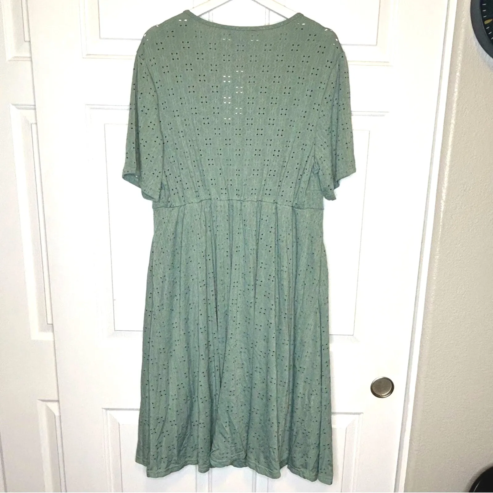 Bloomchic Eyelet Dress Plus Size Short Sleeve Sage Green Midi with Pockets‎ 12 - Image 3