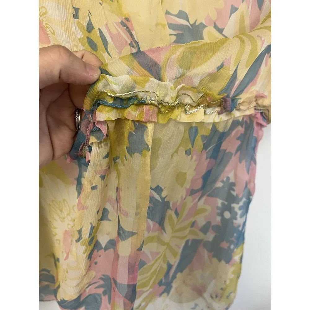 MAX STUDIO Floral SILK PEASANT BOHO FLUTTER SLEEVE TOP BLOUSE Beaded Cottagecore - Image 5