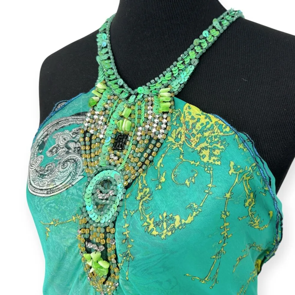 Katharine Story DESIGNER Silk Sequin Embellished Halter Neck Sobe Midi Dress Green Size L - Image 4