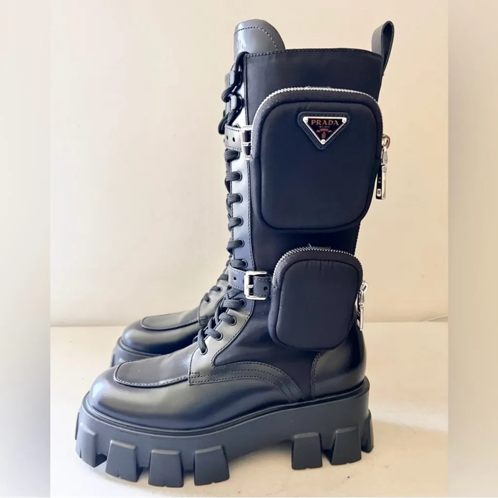 Prada Monolith Black Leather Combat Boots With Removable Pouches Tall Boot Sz 37 - Image 6