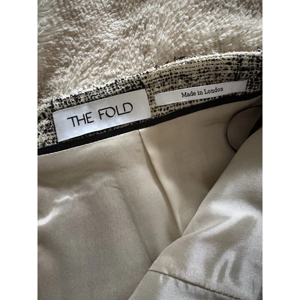 The Fold London Black Beige Tweed Plaid Midi Fringe Pencil Skirt Women’s Size 6 - Image 5