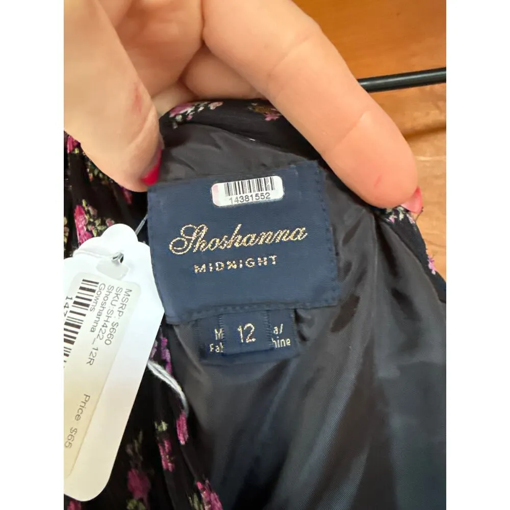 Shoshanna Vivine Tossed Rose Gown Black Floral One Shoulder Ruched Maxi Size 12 - Image 4