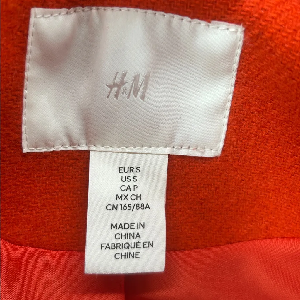 H&M Women Orange Wool Blend Long Coat Size S Classic Button Front - Image 2
