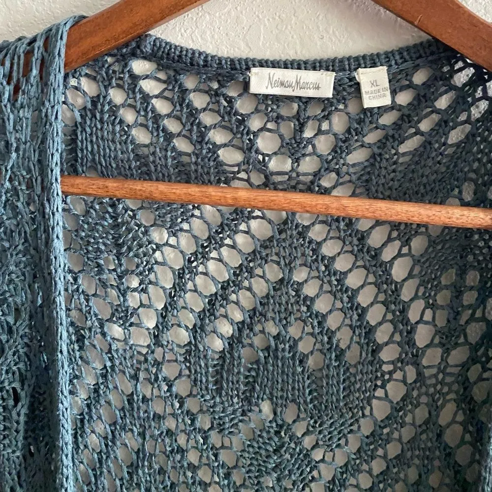 Neiman Marcus Women Crochet Blue Open Cardigan 3/4 Sleeve Size XL Boho Casual - Image 3