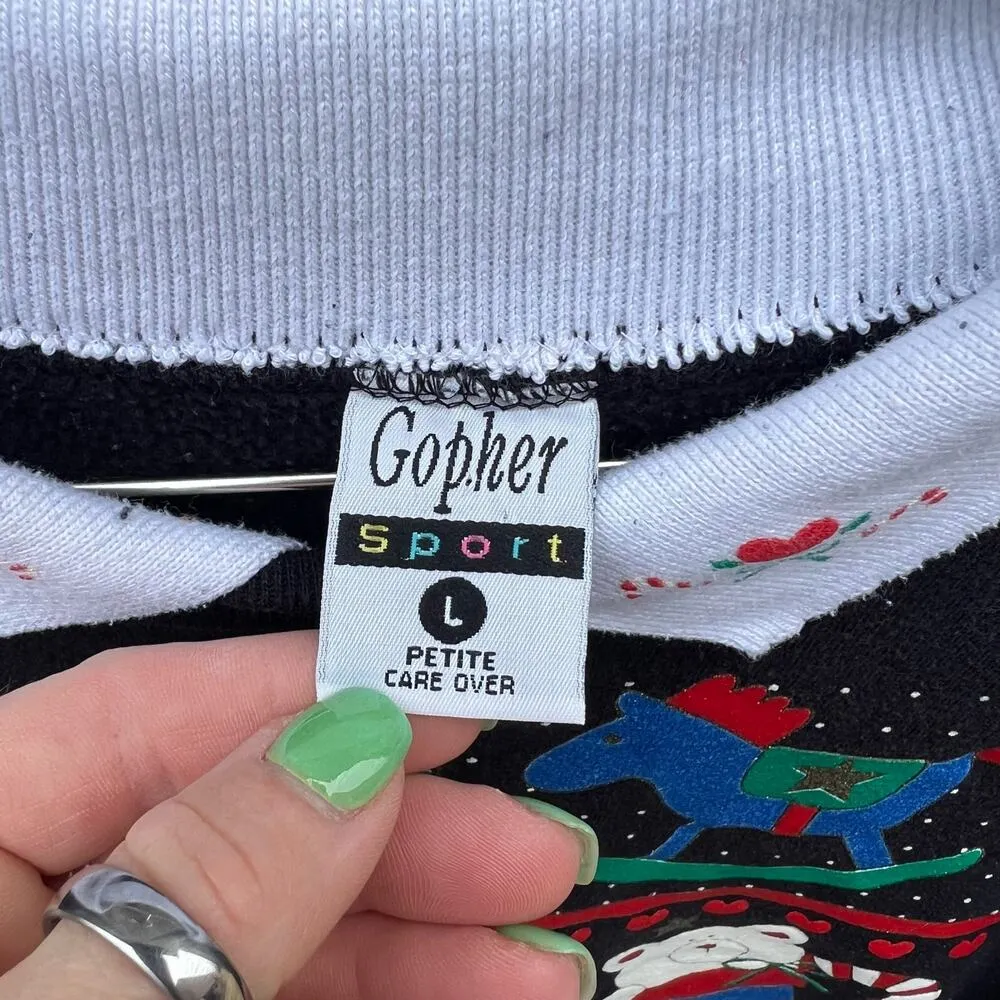 Vintage 80s Gopher Sport Ugly Christmas Print Collared Granny Sweatshirt Black Size L - Image 4