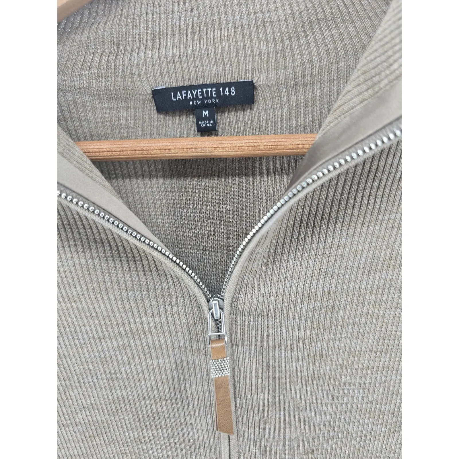 Lafayette 148 Womens Tan Ribbed Wool Half Zip Sweater Elbow Sleeves Medium - Image 2