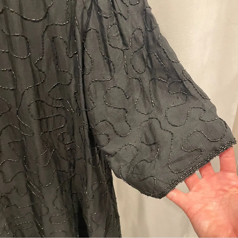 Vintage 80’s stenay black silk short sleeve beaded sequin gold bling leaf dress Size undefined - Image 11