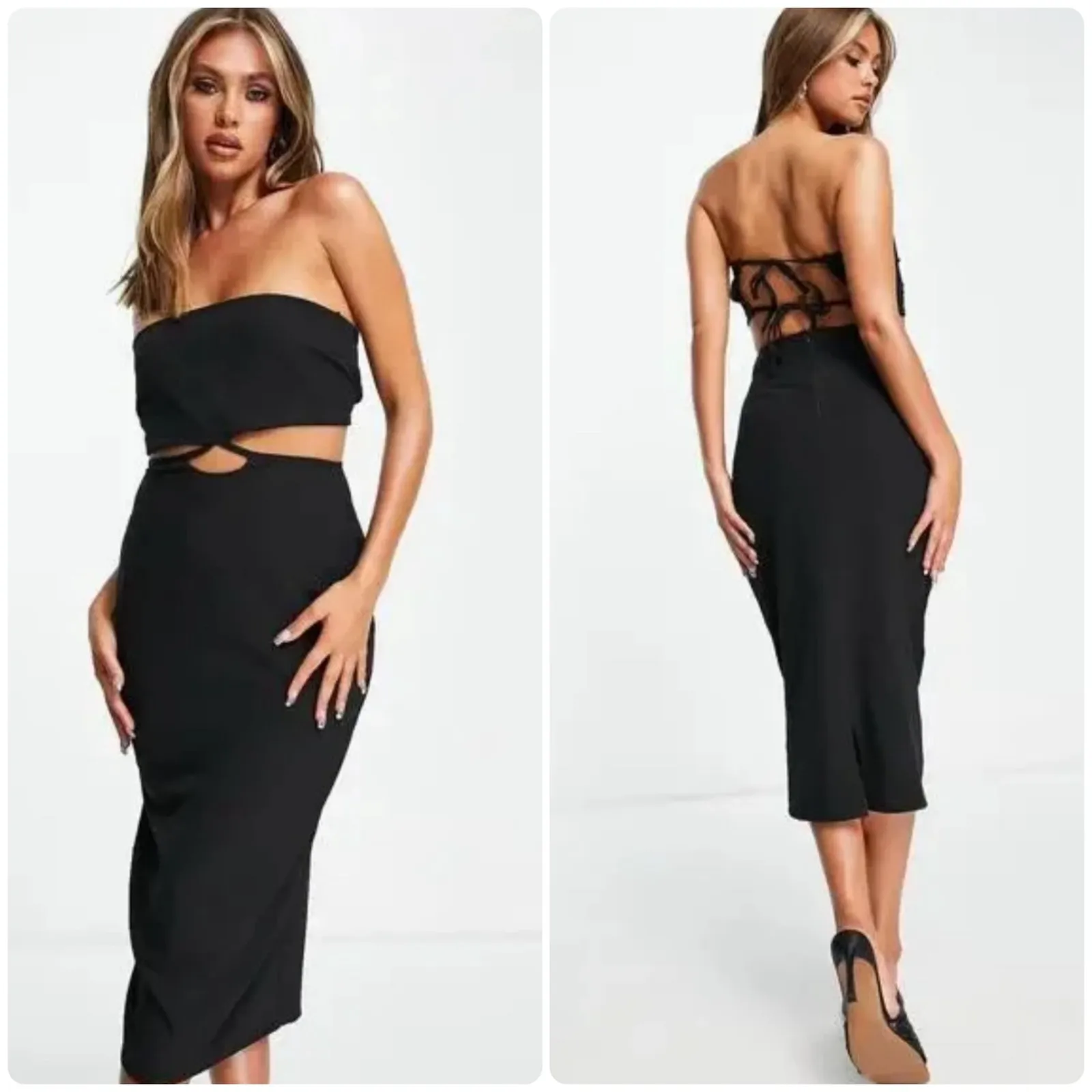 NWT Vesper Womens Cutout Bandeau Strapless Midi Dress Bodycon Party‎ Cocktail 8 Black - Image 2
