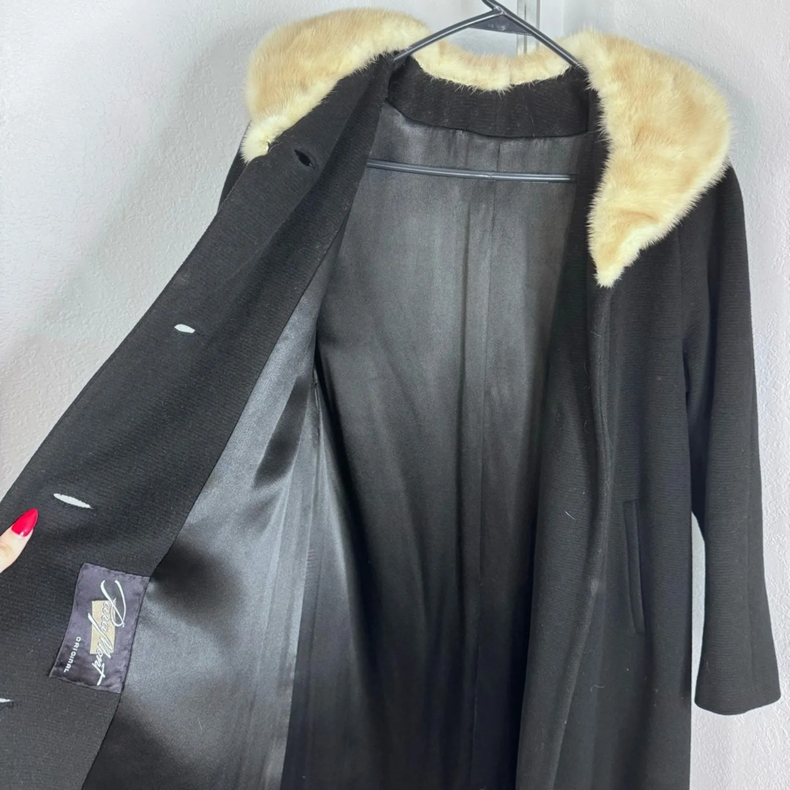 Vintage 50s 60s Wool Swing Coat Fur Collar Black Old Hollywood Glam Medium - Image 6