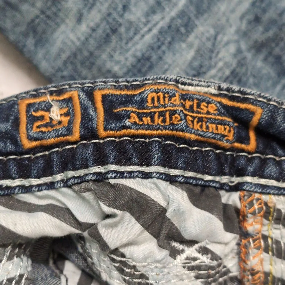 Rock Revival Blue Distressed Embroidered Rhinestone Agata Skinny Jeans Size 25 - Image 12