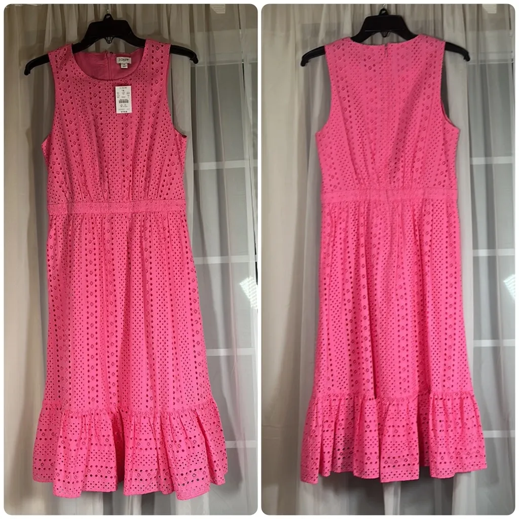 J.Crew Bubblegum Pink Cotton Eyelet Ruffle Midi Dress size 4 NEW - Image 4