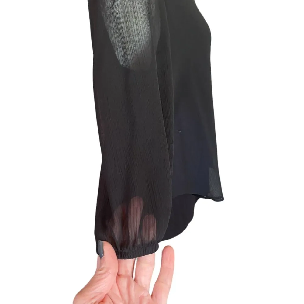 women's black v-neck long sleeve pullover blouse tank style sheer overlay - Image 7