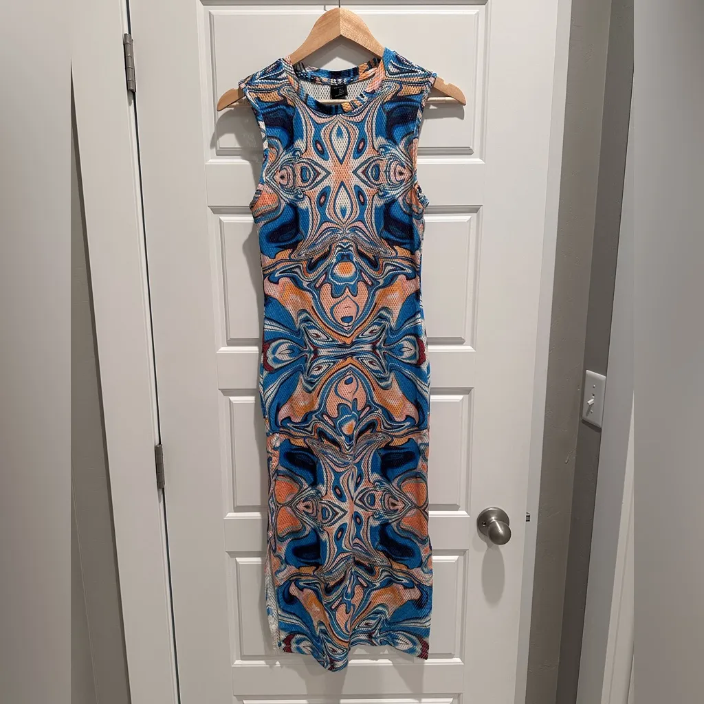 Bershka Blue Orange Bodycon Sleeveless Shift Dress Mesh Sz Large - Image 4