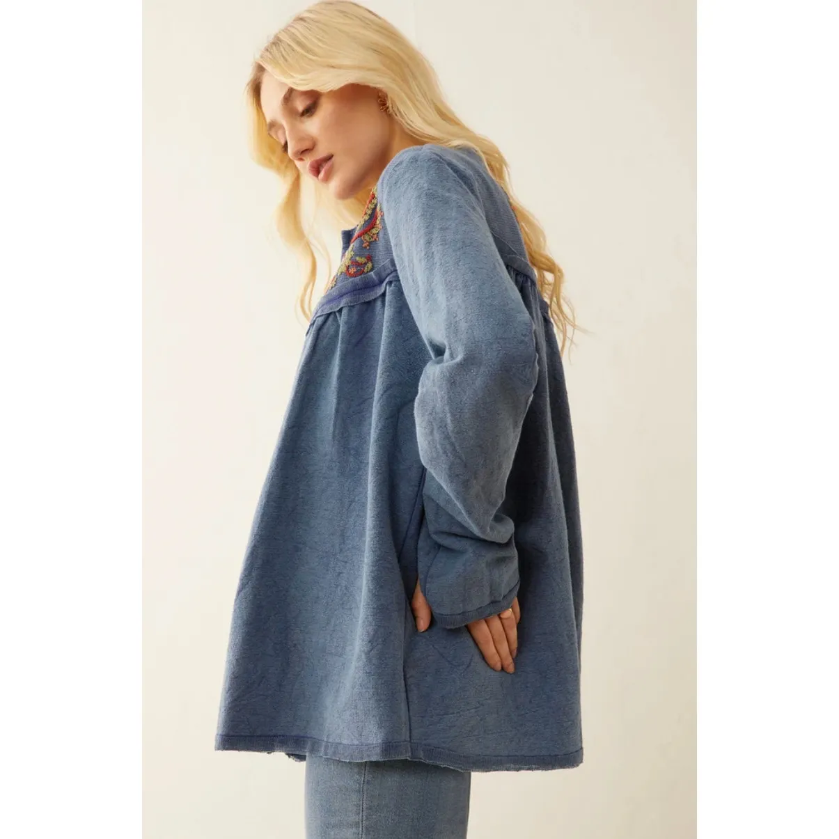 NWT Boutique Boho Floral Embroidered Blue Open front Jacket by Bohera Size L - Image 4