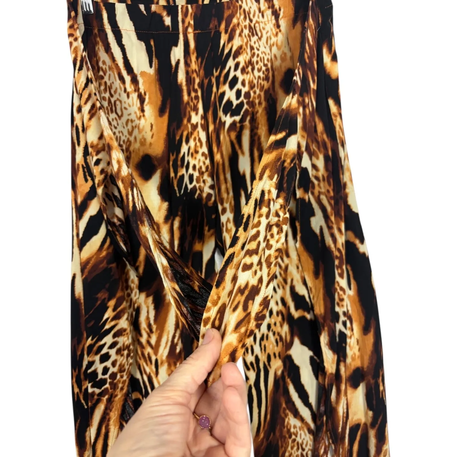 Lavender Sky Animal Print Split Leg Pants L Wide Leg Boho Festival Rayon Leopard Brown Size L - Image 2