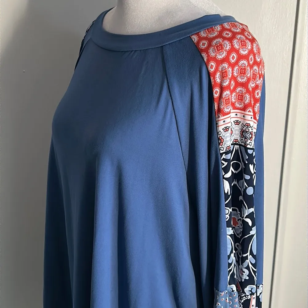 New Boho Balloon Sleeve Color Block Patchwork Jersey Knit Top Long Sleeve Blouse Blue Size L - Image 8