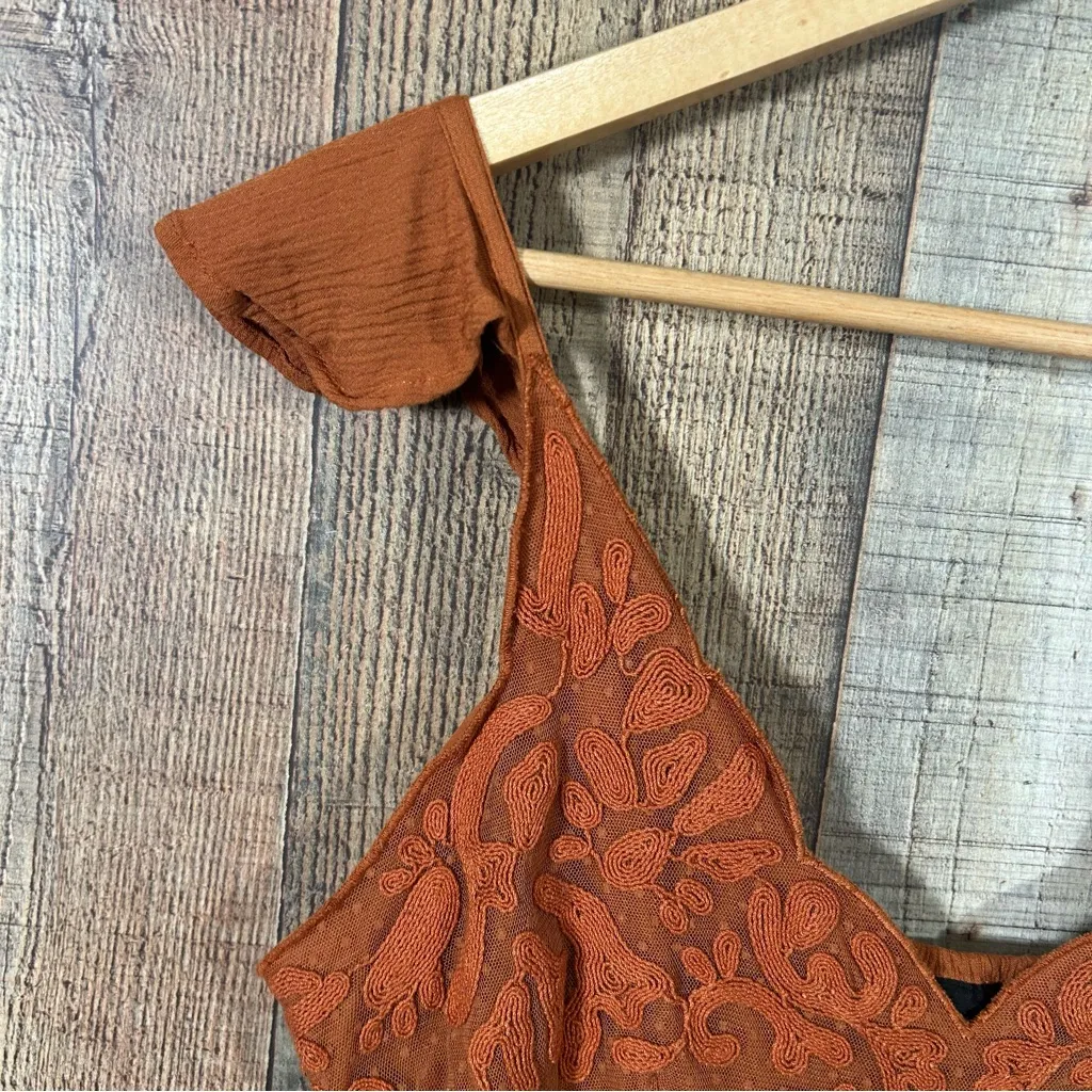 Shyanne Rust Tiered Mini Dress L Boho Western Country Lace Embroidered Festival - Image 2