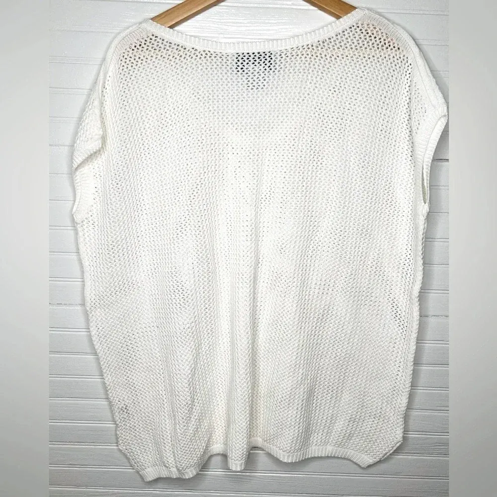 Joan Vass White Open-Knit V-Neck Pullover Oversized Sweater Size 1 8/10 - Image 3