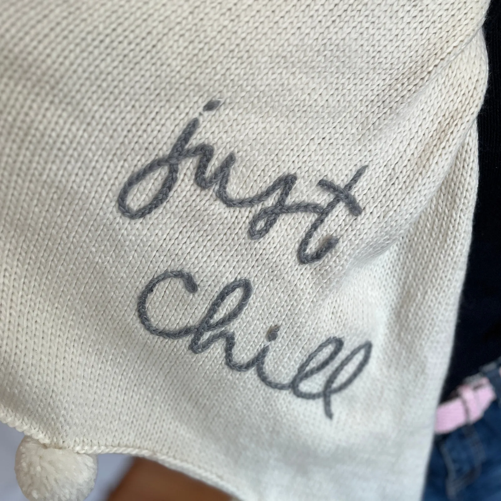 NWT Aerie | White Pom Pom Knit Blanket Scarf | Just Chill Text | 2010s - Image 4