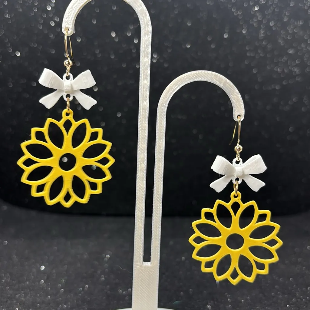 Yellow Floral Earrings with White Bow - Image 3