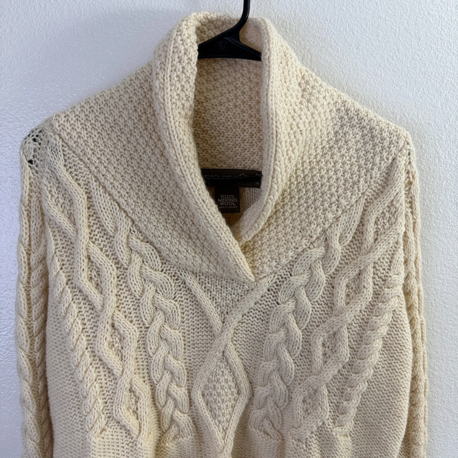 Inis Crafts Wool Shawl Neck Sweater Womens L Cream Cable Knit Fisherman *Hole Size L - Image 2