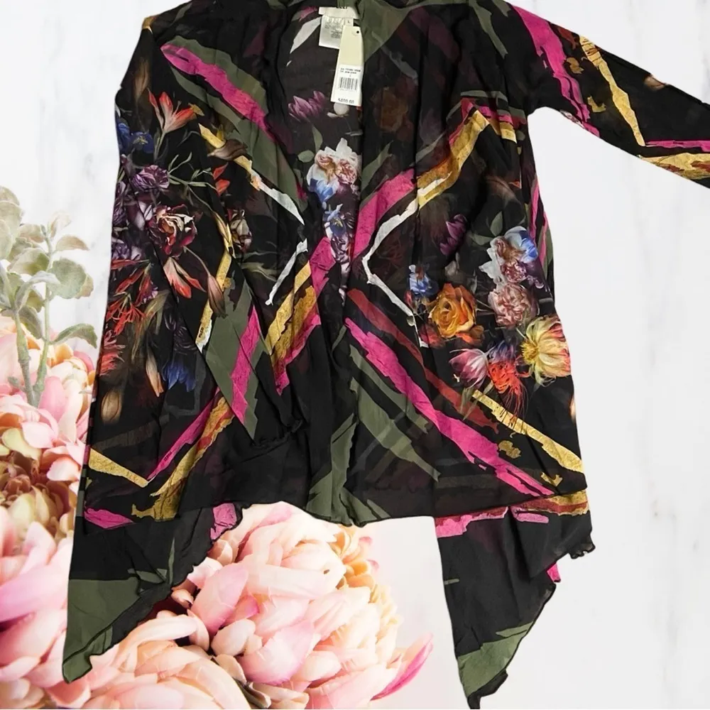 FUZZI Tulle Kimono Italian Watercolor Floral Print NWT~ Rare Find! Black Size L - Image 3