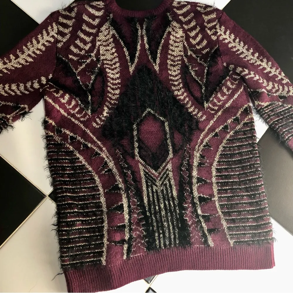 Furry Crewneck Sweater Metallic Purple Plum Gold Black Art Deco sz L - Image 6