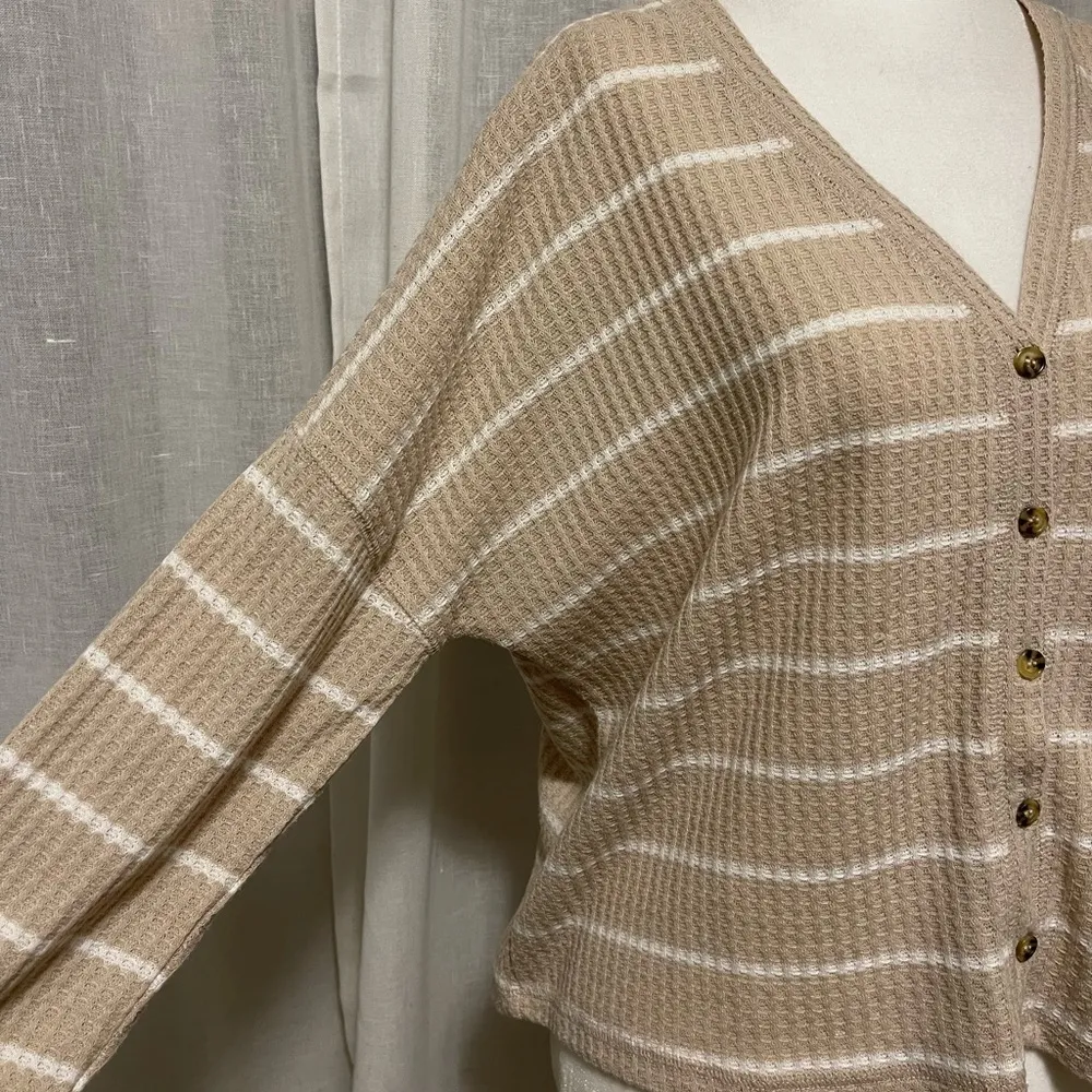 Beige Waffle Knit Striped Long Sleeve tee - Image 4