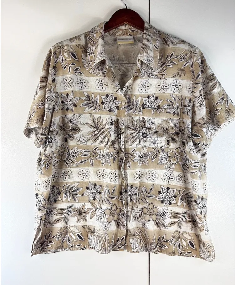 Alfred Dunner Floral Button Down Shirt Short Sleeve Neutral Print 18W - Image 1
