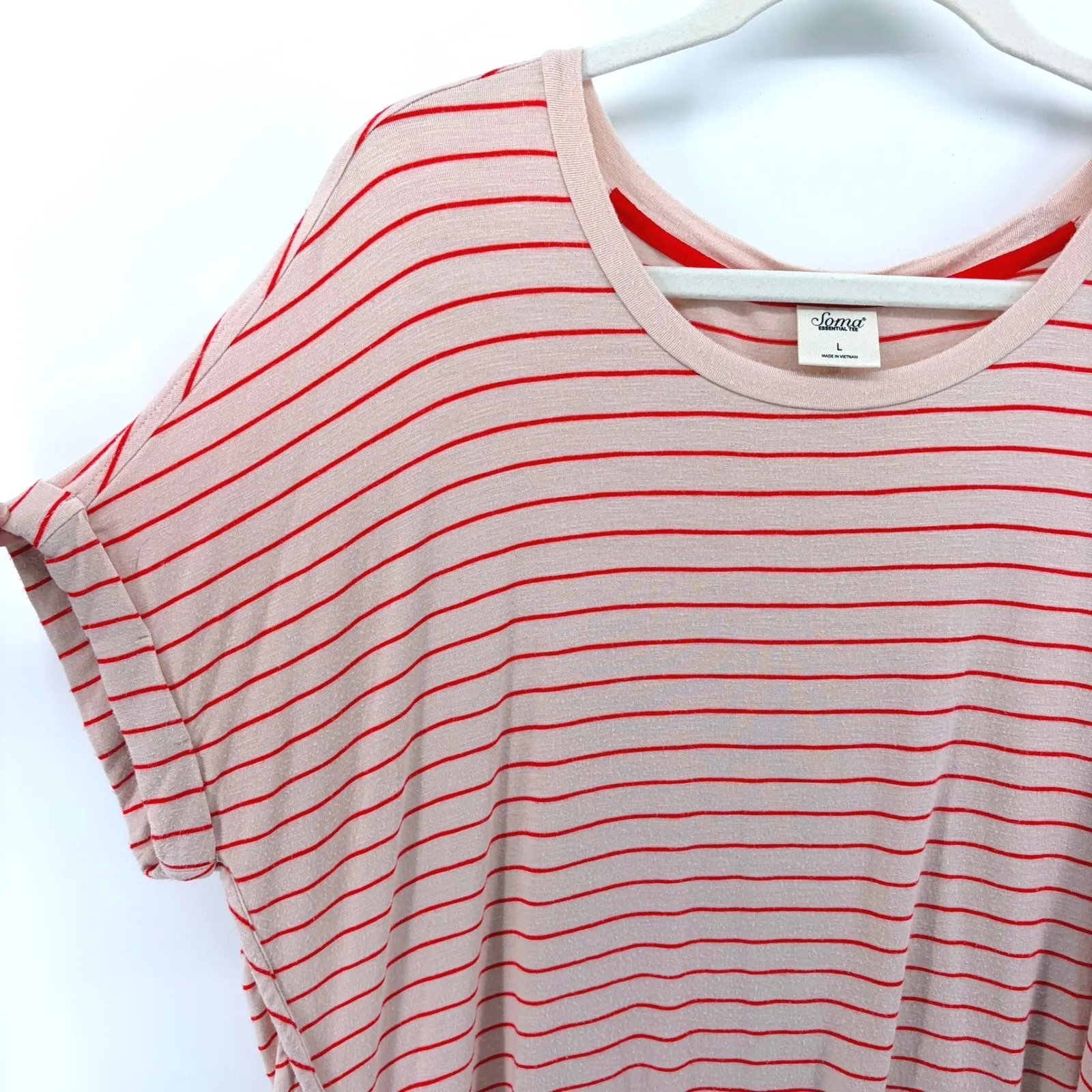Soma Essential Tee Women's Pink Red Stripe Dolman Sleeve Hi Low Top Large Cozy - Image 2
