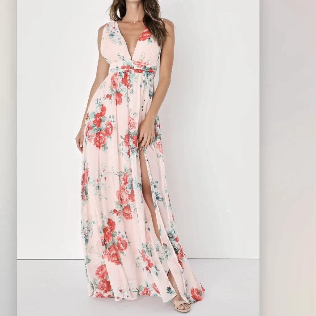 NWT Lulus Peach Pink Garden‎ Meandering Blush Floral Chiffon Maxi Dress MEDIUM - Image 3